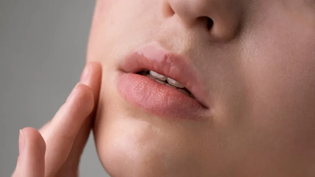Primer plano de unos labios con la mano en la mejilla, zona donde puede aparecer el herpes labial
