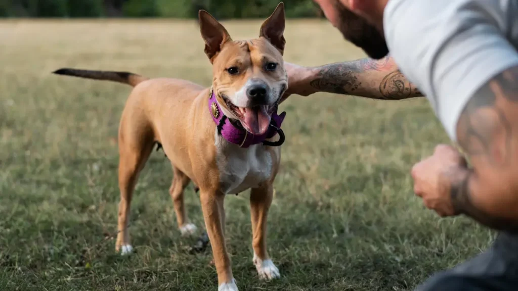 Perro pitbull con cadena sujeto al certificado médico animales peligrosos en Córdoba.