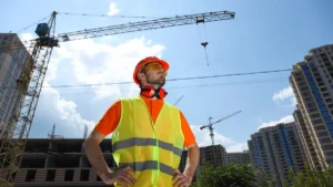 Trabajador con equipo de seguridad en una zona de construcción con grúas torre, empleo regulado mediante el certificado médico para operador de grúa en Córdoba.