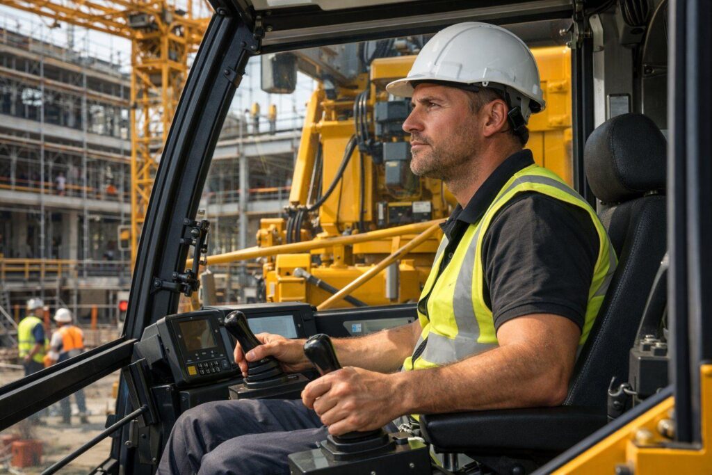 Operador de grúa con equipo de protección en una obra de construcción